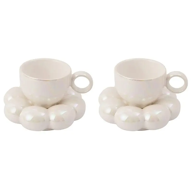 2X Flower Coffee Cup & Saucer Set Cute Mug & Saucer Set Coffee Cup With Sunflower Saucer Latte Cups 6.7Oz White-AT64