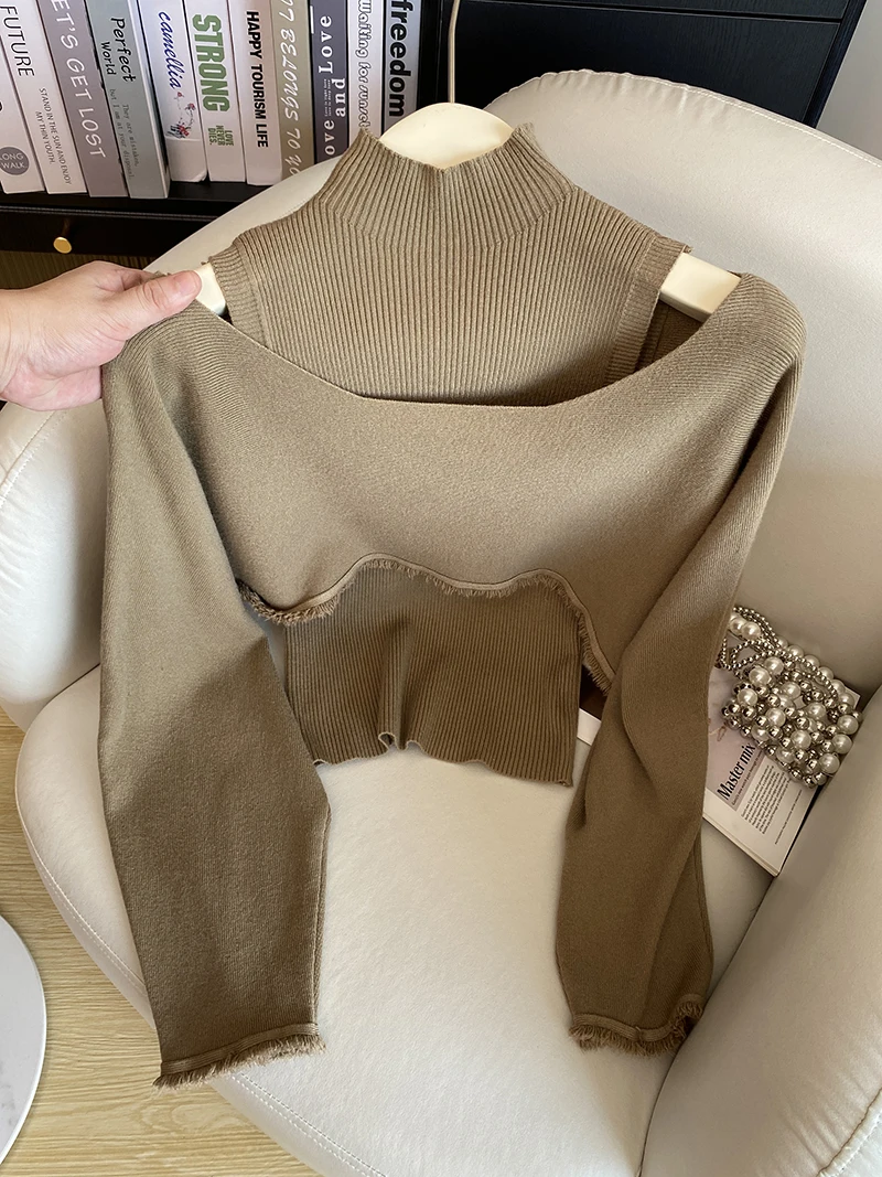 Early Autumn Lightweight Mature Sweater oulder Bared Vest Vintage Tassel High Waist Slimming Two Piece Set Commute Sle Lo...