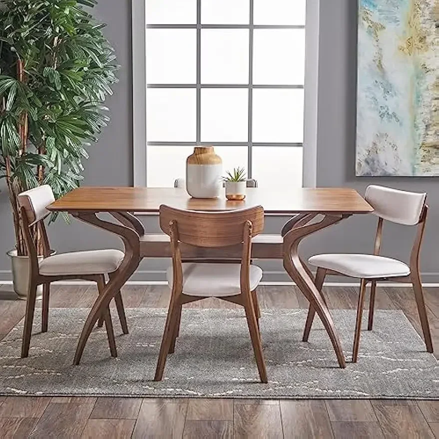 Nissie Mid-Century Wood Dining Set with Fabric Chairs, 5-Pcs Set, Natural Walnut Finish