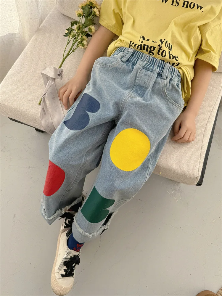 2024 Spring New Children Loose Jeans Baby Girl Color Printing Casual Pants Toddler Boy Harem Pants Kids Versatile Denim Trousers