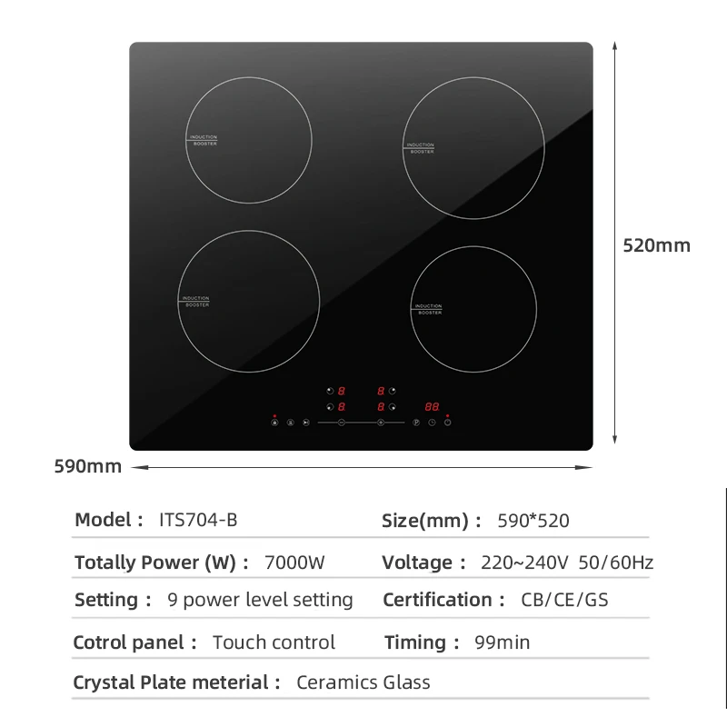 Factory Sale Built-in Induction Cooker 4 Burner High Quality Black Crystal Panel 7000W Induction Cooktop