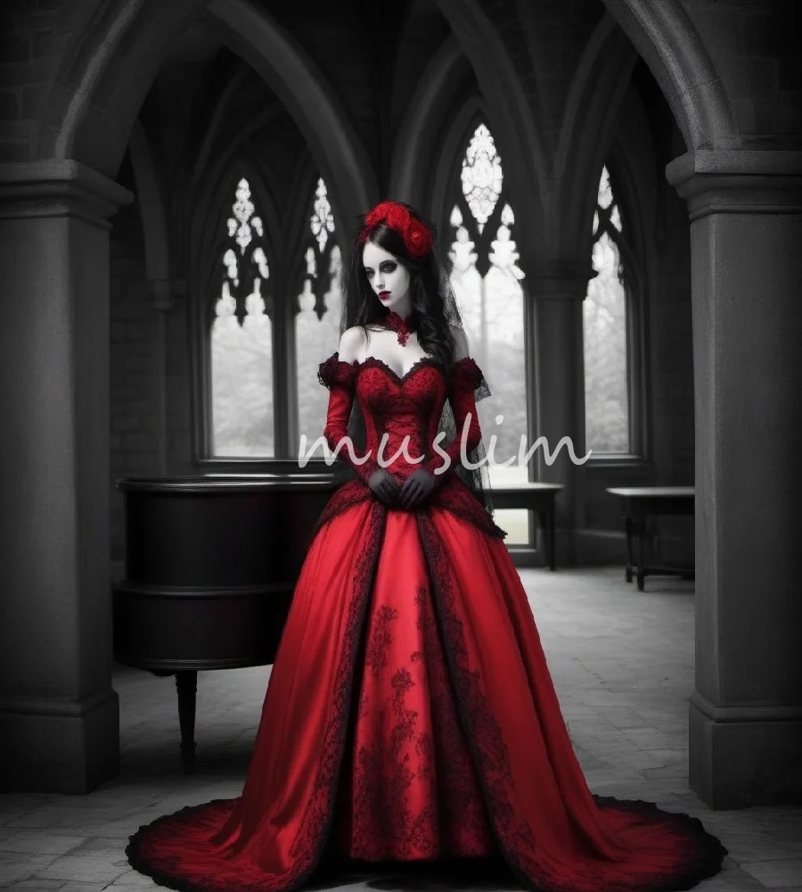 

Witchy Gothic Red With Black Wedding Dress 2025 Long Sleeve Vampire Celtic Bride Dress Lace Halloween Fairycore Bridal Customiz