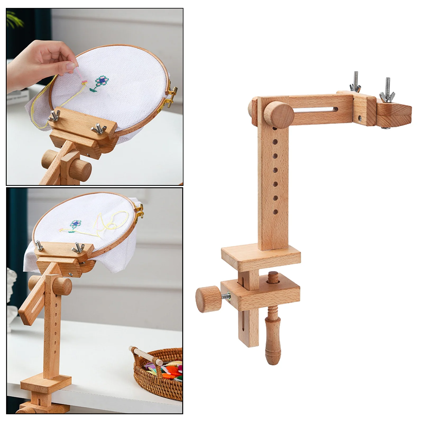 360 Degree Rotation Adjustable Wooden Embroidery Hoop Desktop Stand Cross Stitch Rack Frames Rings Adults Mother Gifts Sewing