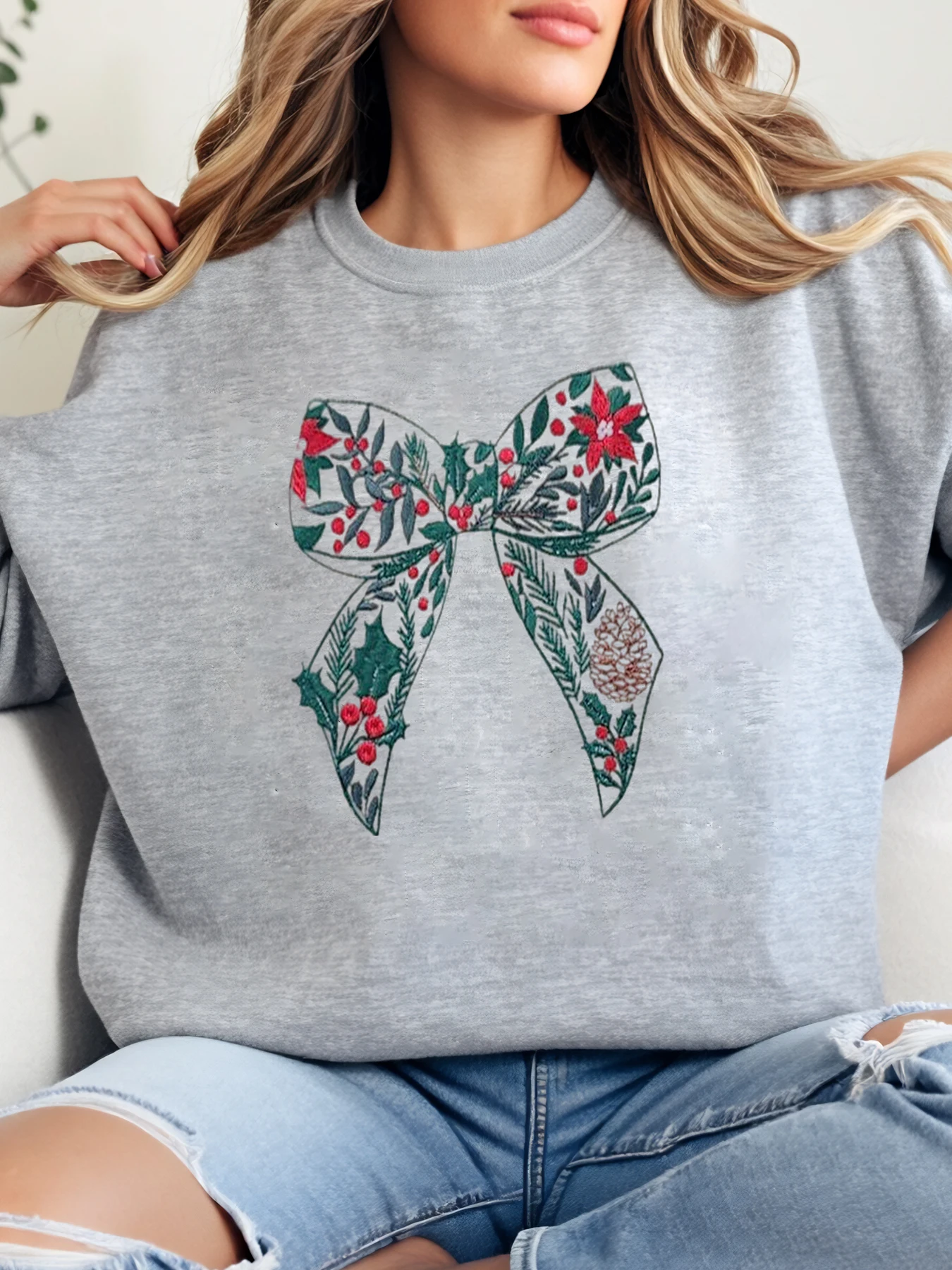 

Праздничный свитшот с рождественским бантом и принтом, женская повседневная зимняя одежда, серый, больших размеров