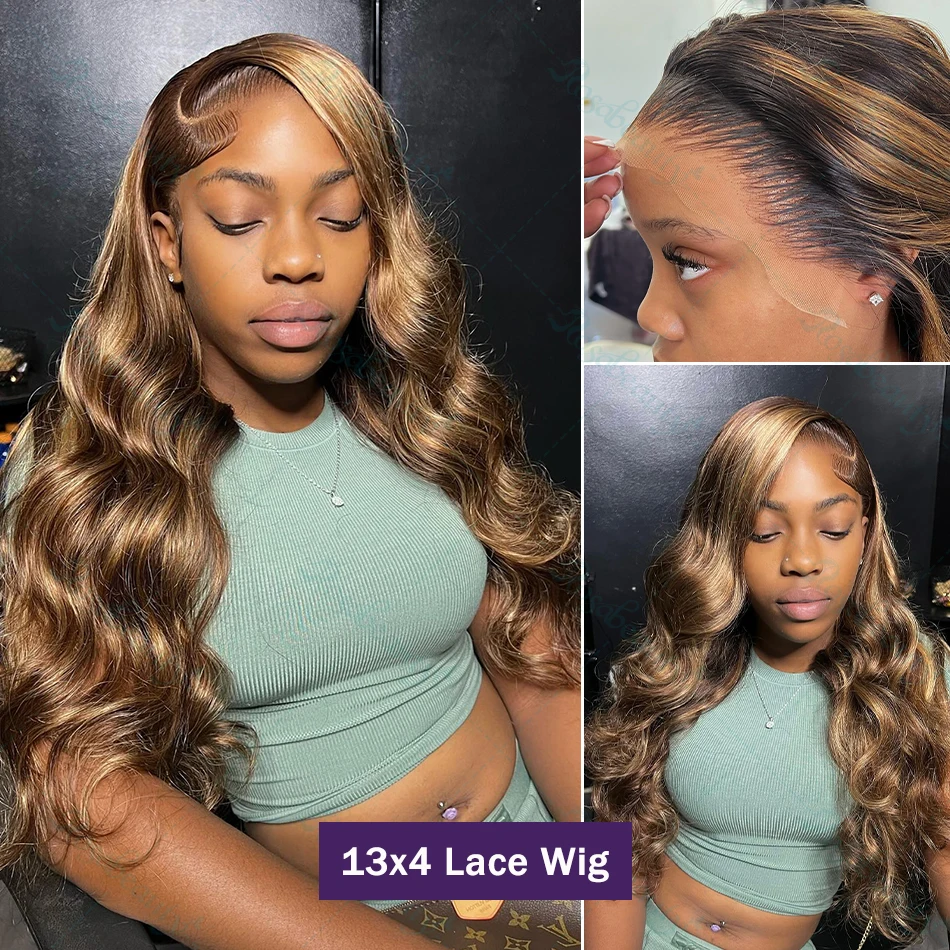 13x4 HD Highlight Ombre Body Wave Peruki Ludzkie Włosy 4/27 Blond Brązowa Peruka 13x6 Koronkowa Peruka Przednia Kolorowe Ludzkie Włosy Dla Kobiet