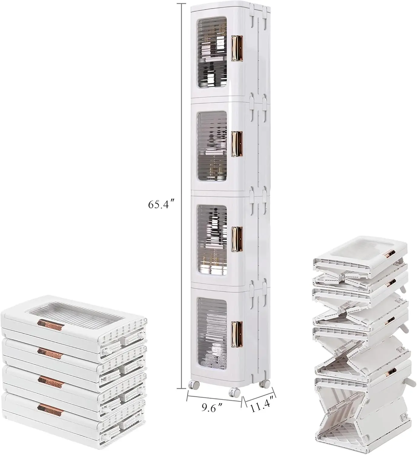 

4-Tier Plastic Tall Narrow Storage Cabinet with Movable Wheels, Adjustable Shelves, Magnetic Doors, Slim Bathroom Organizers
