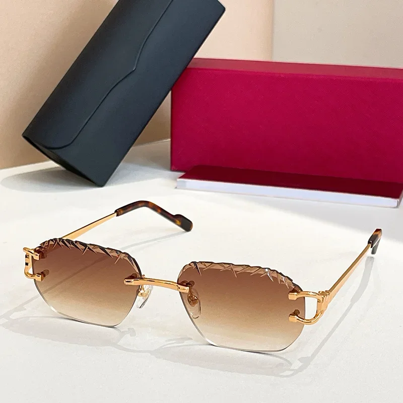 

Luxury Craft Tortoise Gold Diamond Cut Rimless Sunglasses for Male Classical Vintage Boundless Alloy Solar Glasses for Men