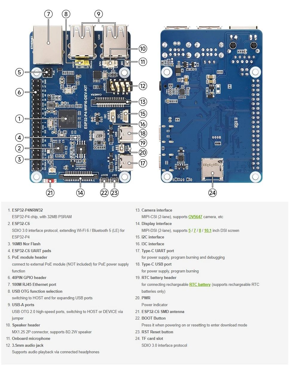 Papan Pengembangan ESP32-P4 dengan chip ESP32-P4 dan ESP32-C6 onboard, mendukung Wi-Fi 6/Bluetooth BLE5
