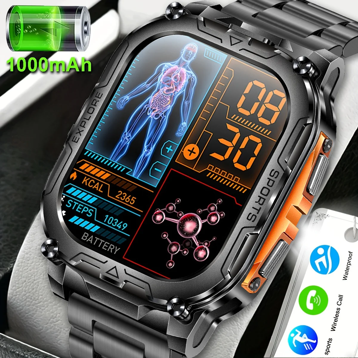 LED懐中電灯、100種類以上のスポーツモード、2.01インチ高解像度大型タッチスクリーン、毎日の健康モニタリングを備えた新しいスマートウォッチ