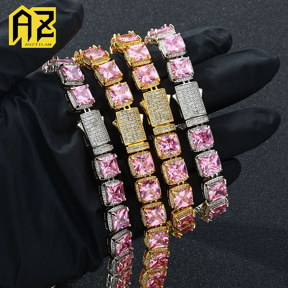 

Anztilam 10 мм розовый циркон теннисная цепочка ожерелья для женщин и мужчин блестящая латунная цепочка хип-хоп ювелирные изделия Бесплатная доставка