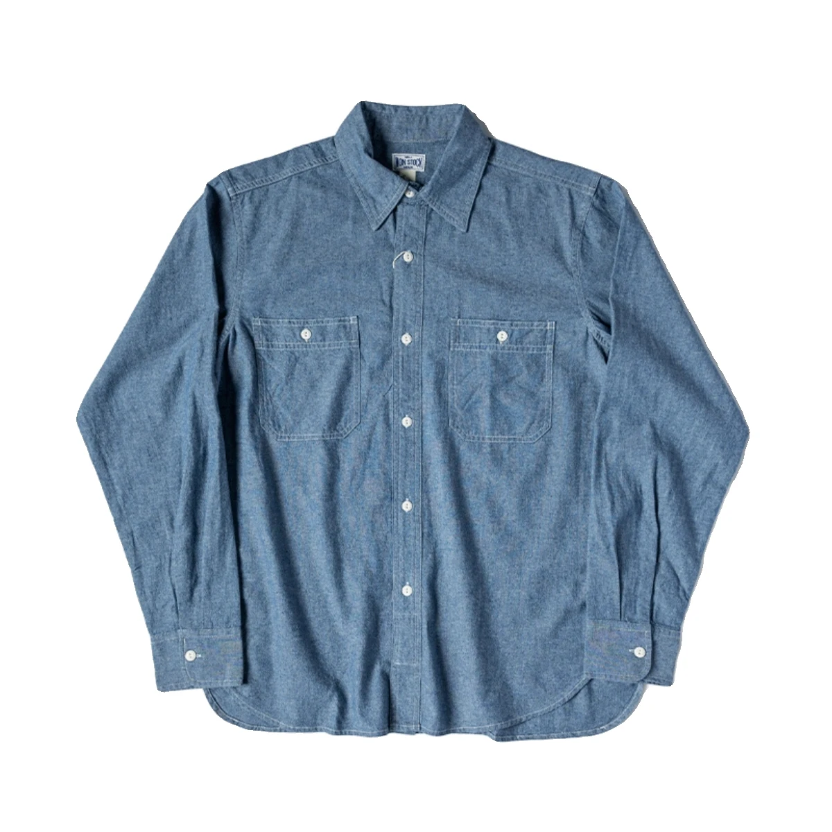 Camisa de manga longa masculina Chambray, camisa azul do trabalho do bolso do botão-baixo, não estoque