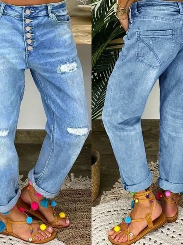 

Loose Straight Leg Blue Denim Jeans Women's Casual Long Trousers High Waist Cotton Blend High Street Style New Arrival