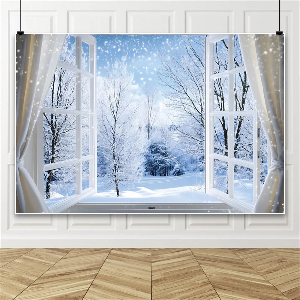 خلفية نافذة غابة الثلج الشتوية ، ديكور جداري لغرفة المعيشة ، خلفية تصوير صورة عائلية ، دعامة تصوير فوتوغرافي ، استوديو فوتوغرافي