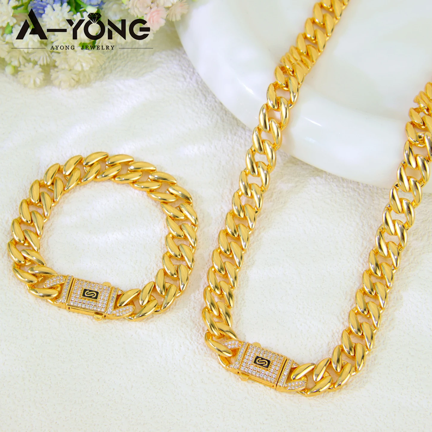 Luxury Dubai Gold Plated Necklace Bracelet 24k Gold Color Full Zircon Hip Hop Muslim Chokers Saudi Women Wedding Party Jewelry