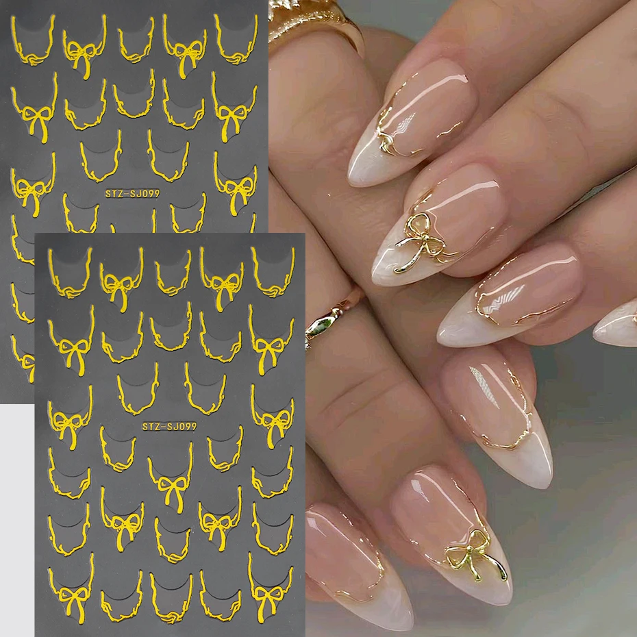 

2 pcs Golden Bowknot French Line Nail Stickers Chrome Effect French Wave Self-Adhesive Decals for Nails Autumn Nail Art Decor