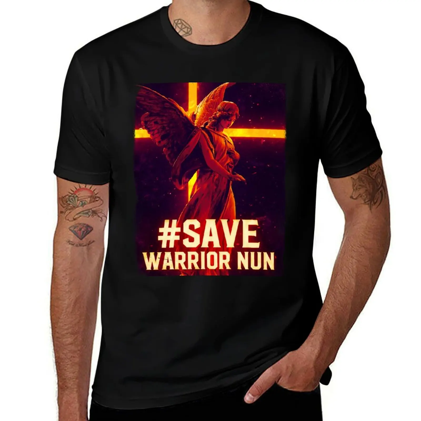 

Save Warrior Nun (red) + text T-Shirt man t shirt summer black cotton t-shirt plain for man package T-Shirt