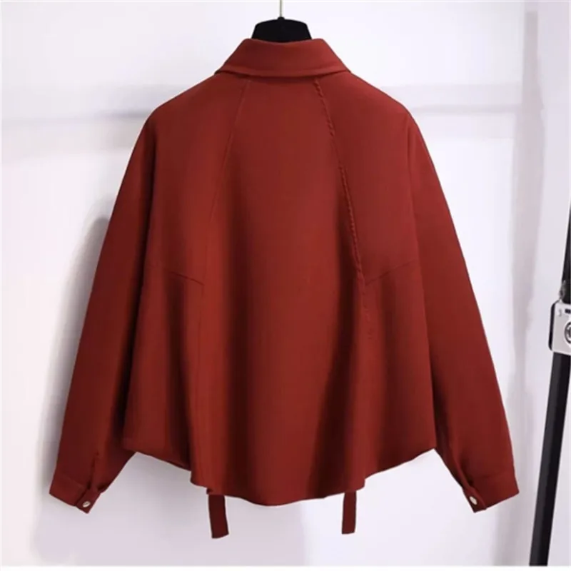 Wine Red Bat Long Sleeve Shirt Coat Women Spring Autumn 2024 New Loose Fashion Thin Pockets Western Style Blouse Ladies Top W370