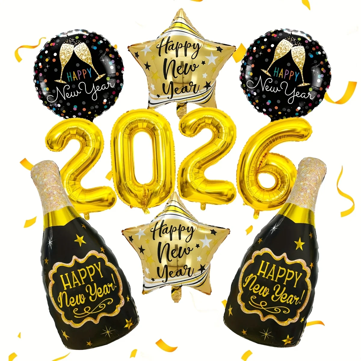 10 Stücke 2026 Schwarz Gold Frohes Neues Jahr Ballon Set Silvester Party Atmosphäre Dekorationen Weinflasche Aluminium Ballons