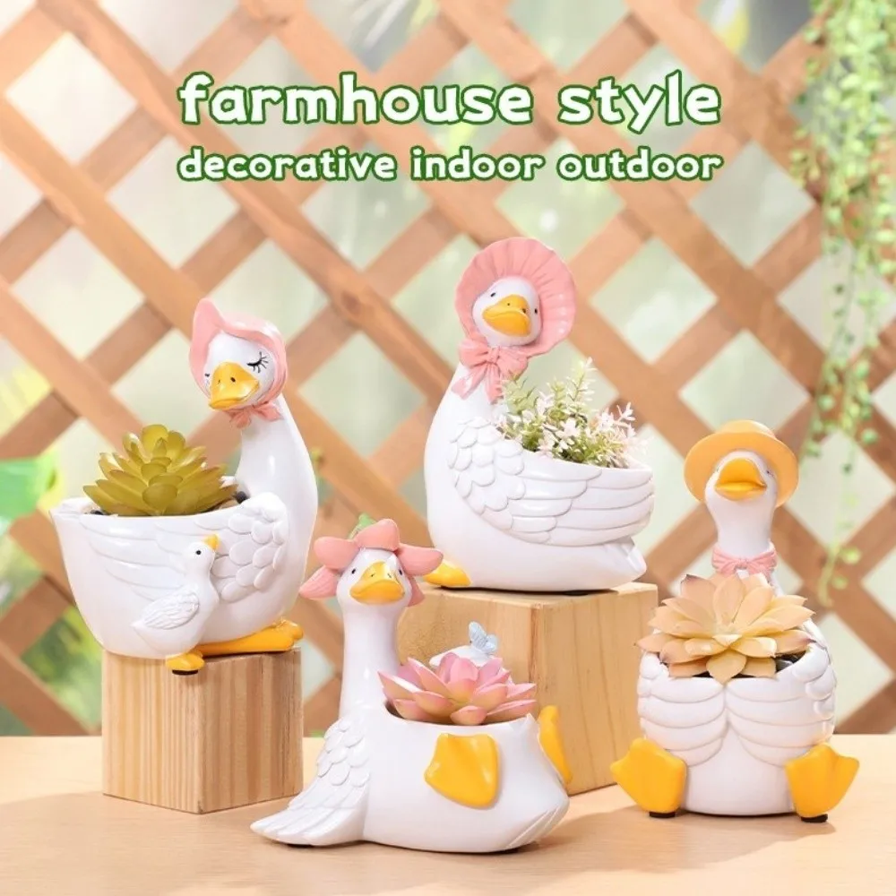 Cartoon Adorable Goose Planters Drainage Hole Multipurpose Animal Flower Pot Resin Cute Succulent Bonsai Pot Indoor Table