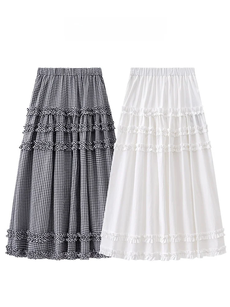 

UTUD DESIGN Korean Sle Sweet Fairylike Ruffle Hem A-Line Midi Skirt High Waist Women's Spring Summer f Body Skirt