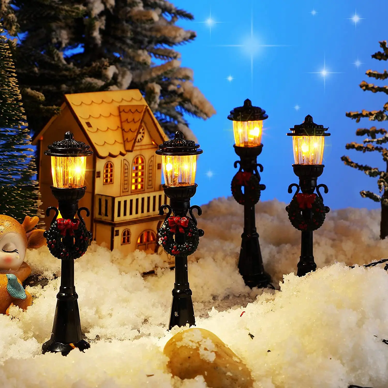 Mini lámpara de Navidad de 4 piezas, lámpara de poste de tren, lámpara de calle en miniatura, luces decorativas para casa de muñecas DIY, camino de Pueblo