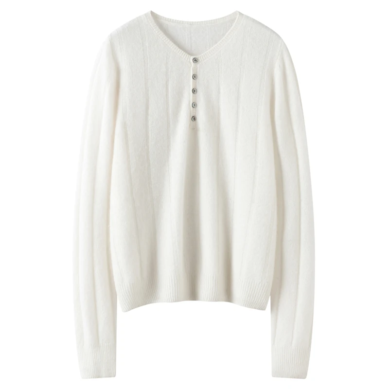 

2025 Autumn/Winter 100% Cashmere Pullover Fashion Simple Versatile Female Round Neck Knitwear Half-open Button Cashmere Sweater
