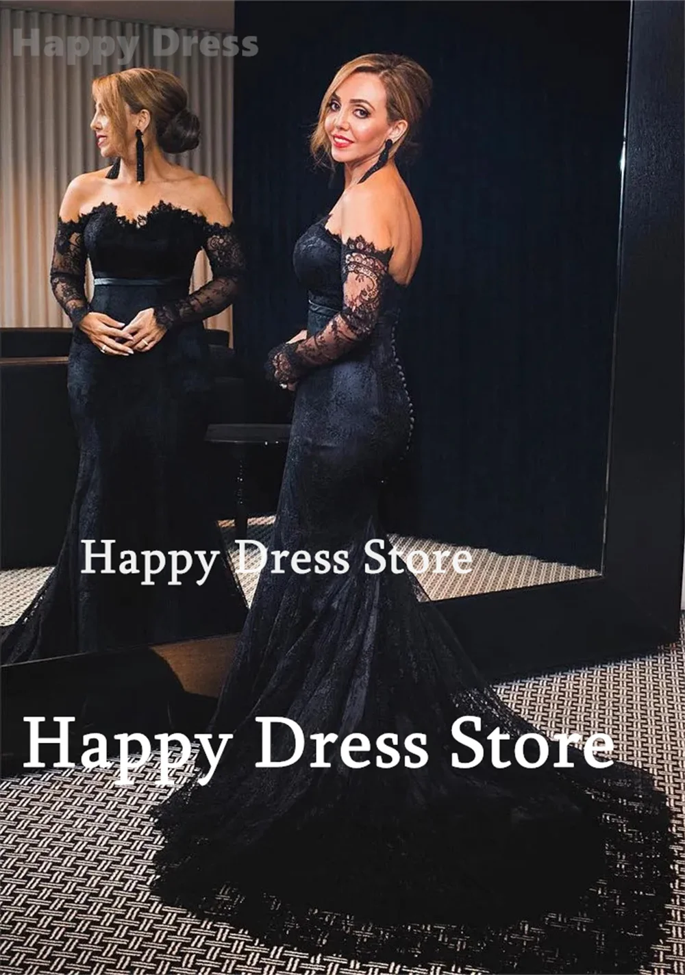 Happy Dress Off-Shoulder Formal Evening Dress Lace Long Sleeves Mermaid Sweep Train Prom Party Dress Wedding Dress Bridal Gown