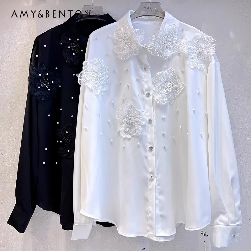 

Spring 2024 French Minority Chic Heavy Industry Organza Embroidery Three-Dimensional Flower Sequin Bead Shirt Top Blusa Feminina