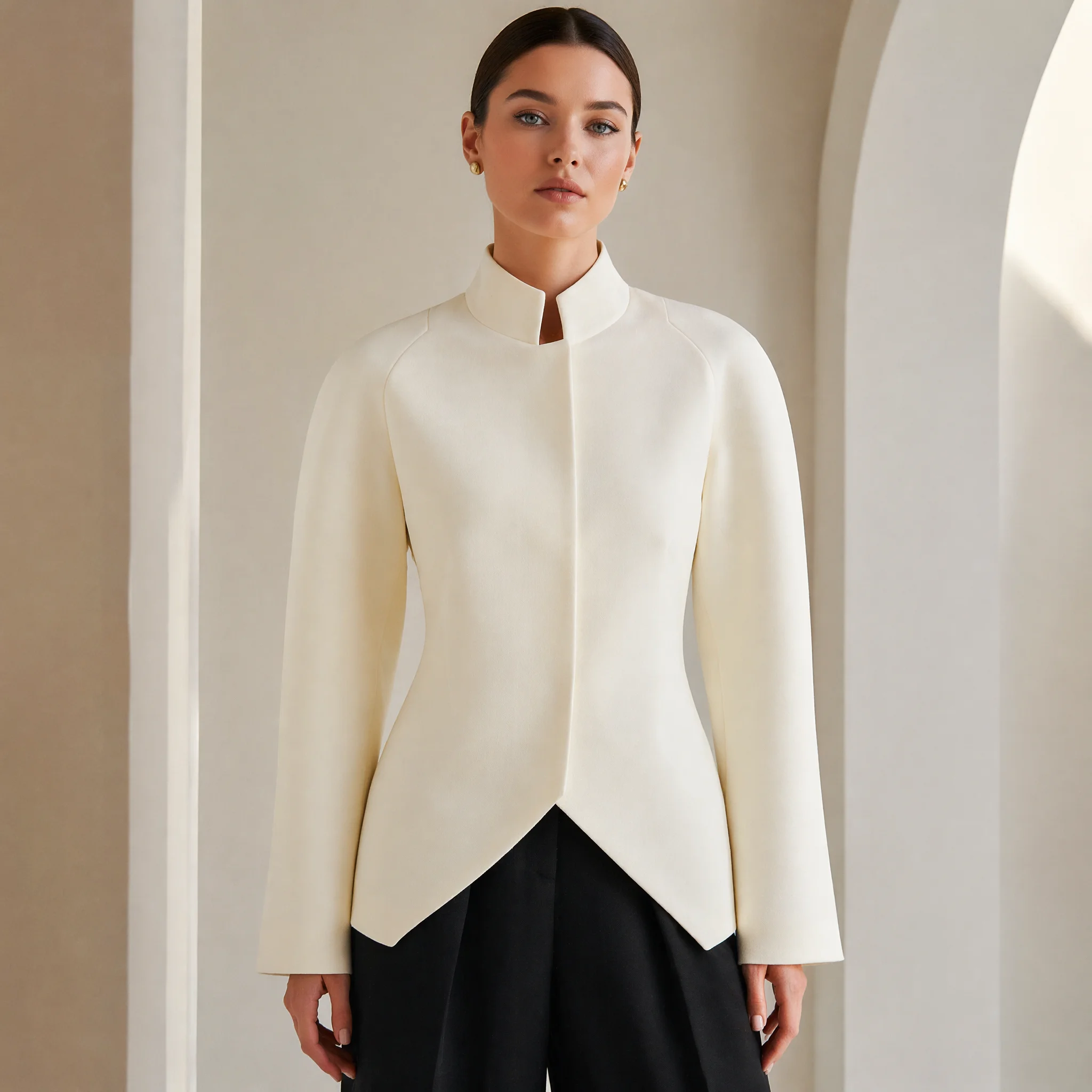 RU Women Split Mandarin Collar Concealed Placket Asymmetric Pointed Hem Raglan Sleeve Slim Tailored Jacket