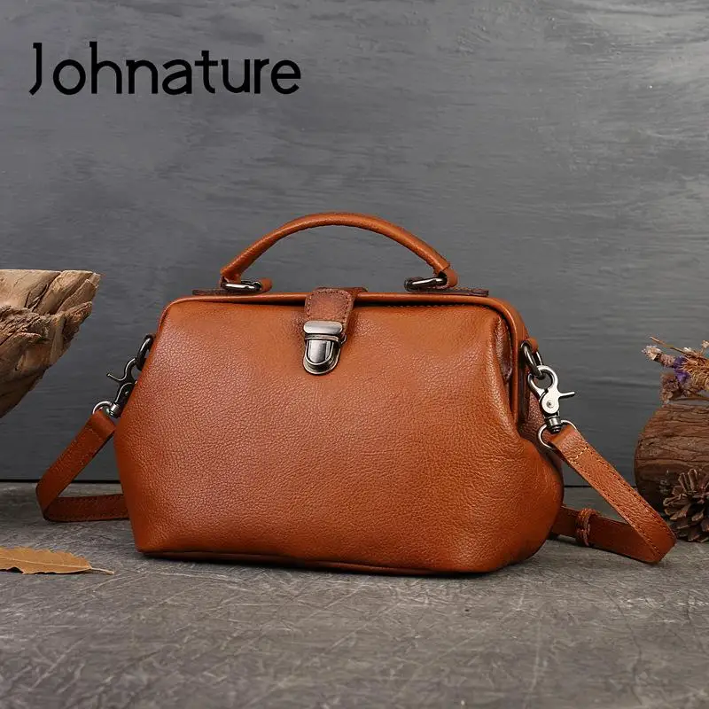 Johnature Retro Genuine Leather Handbag 2024 New Simple Solid Color Versatile Women Bag Leisure Large Capacity Shoulder Bags