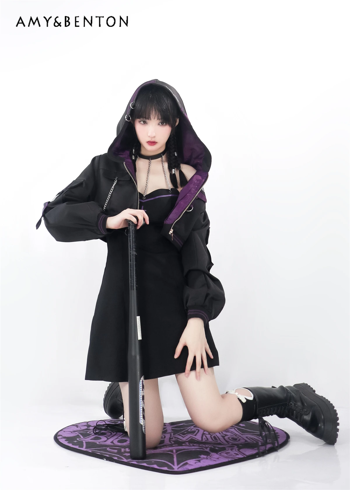 Japanese Harajuku Sweet Cool Short Hooded Jacket Y2K Chain Black Camis Dress Sets Women Autumn New Street Slim Two-Piece Sets