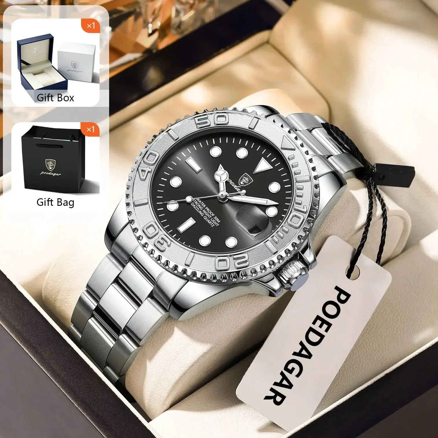 

POEDAGAR Роскошные мужские наручные часы, водонепроницаемые светящиеся мужские часы с датой, модные деловые мужские кварцевые часы из нержавеющей стали + подарочная коробка