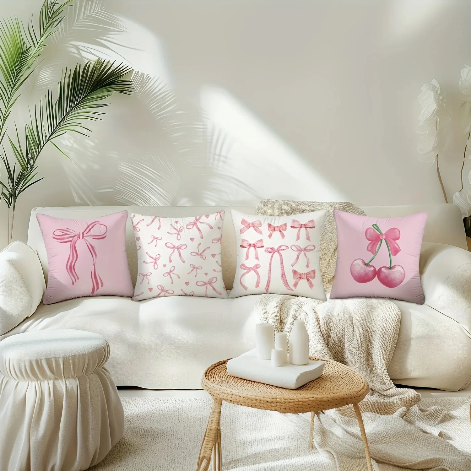 Pink Bow Cherry Blossom Printed Pillowcase Sweet Cute Style Soft Cotton Fabric Breathable For Bedroom Decor Girl's Room Aestheti