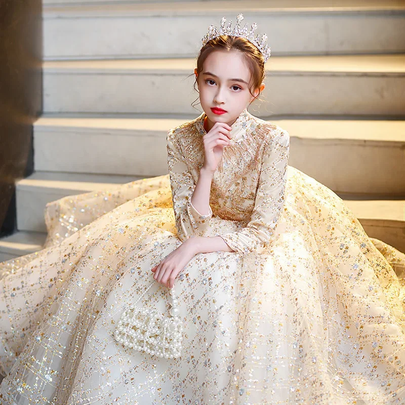 Luxurious Hostess Dress for Girls Kid Princess Sequined Dresses for Banquet Children Elegant Quinceanera Party Costume Gown