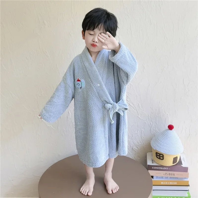 Waffle Flannel Boys Bathrobe Autumn Winter Loose Warm Cartoon Nightgown Baby Home Wear Sleepwear