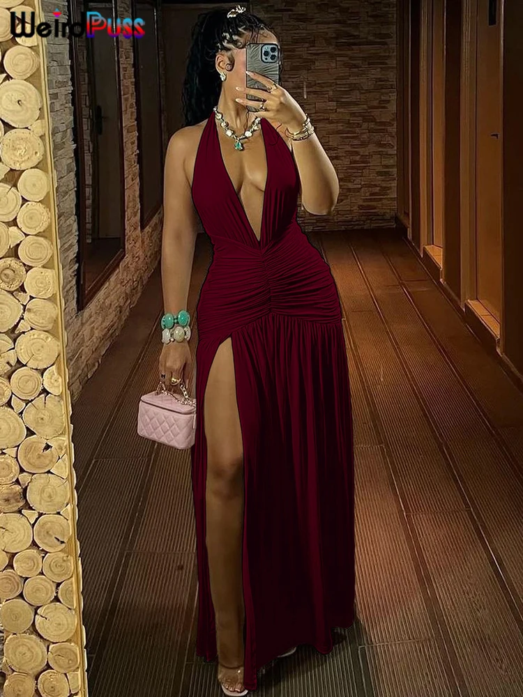 女性のための深いVネックのホルタードレス,ホルターネック,フリル,ホルタートップ,パッチワーク,単色,エレガント,セクシー,パーティー,夏