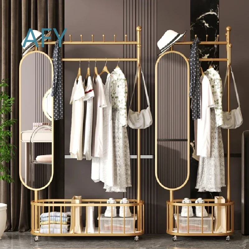 Metal Wardrobes for Home Office Bedroom Living Room Coat Racks with Mirror Display Moving Floor Garment Stand High Quality