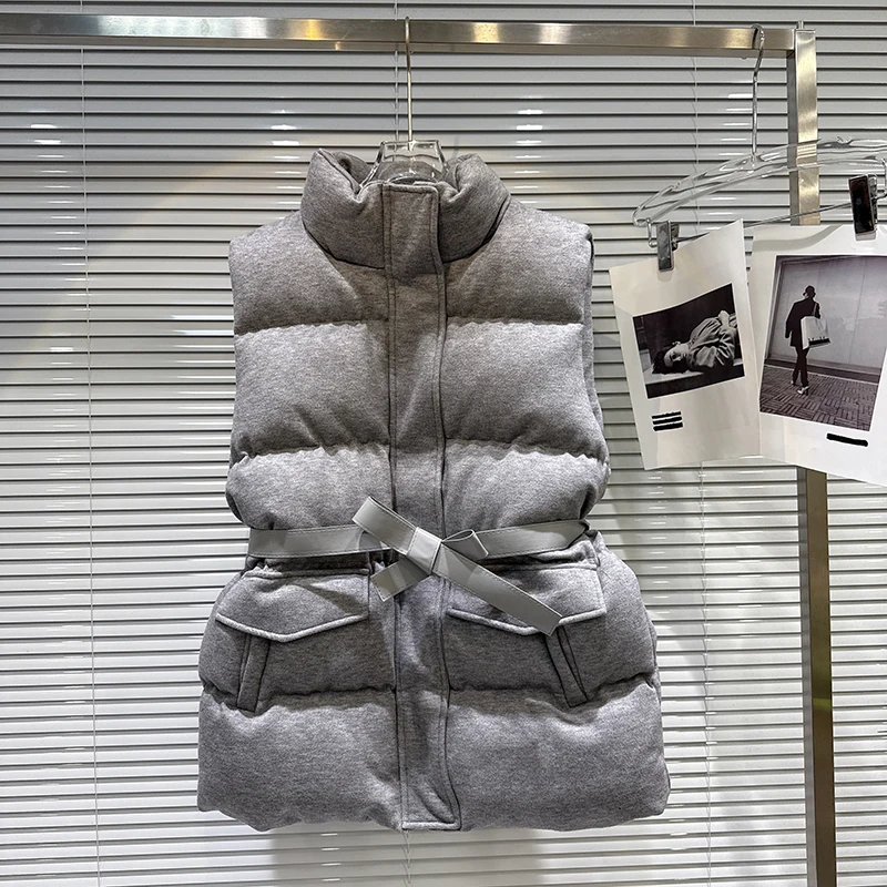 

Autumn Winter Lace Up Stand Collar Down Vest Female Thick Warm Solid Casual Waistcoat Women White Duck Down Puff Sleeveless Vest