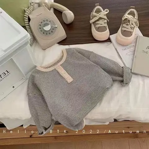 बच्चों की वसंत शरद ऋतु लंबी आस्तीन वाली टी-शर्ट लड़के लड़कियां कोरियाई धारीदार टी बच्चों की गर्म नीचे वाली शर्ट बेबी सरल टॉप 10 best sales बच्ची का टॉप - №3