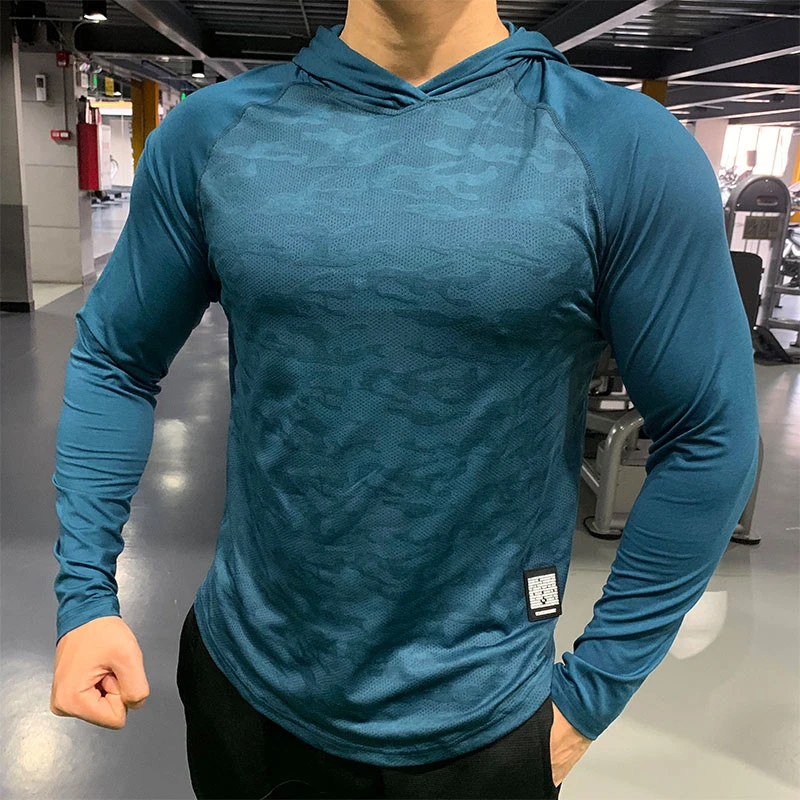 Men's Sports Hoodies Camouflage Long Sleeve Shirts with Hood Running Gym Sweatshirts Qucik Drying Tops Fitness Training Clothing