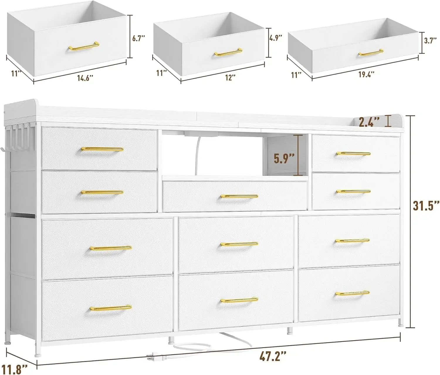 Dresser for Bedroom with 11 Drawers for 60" TV Stand for Bedroom with LED Lights & Charging Station Long Dresser with Shelves image 3