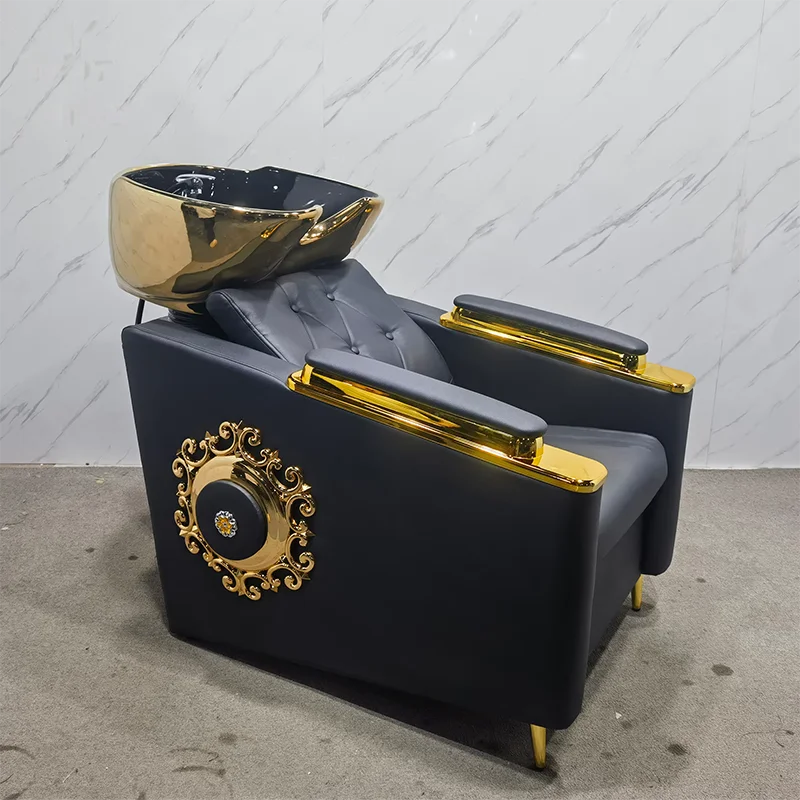 Antique Style Barbershop Gold Seater Shampoo Bed Chair Classics Luxury Reclining Head Spa Washing Chair for Sale