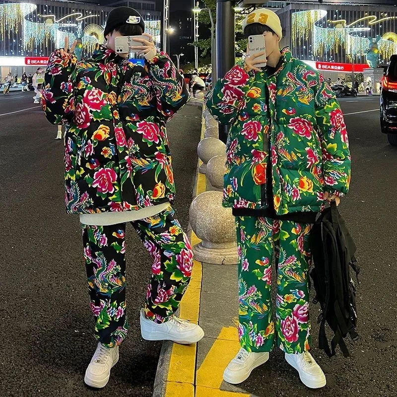 

Warm Windproof Winter Casual Sports Set for Men with Fce Lined Cotton Jaet And Pants Large Flower Patterned Men's Ensemble