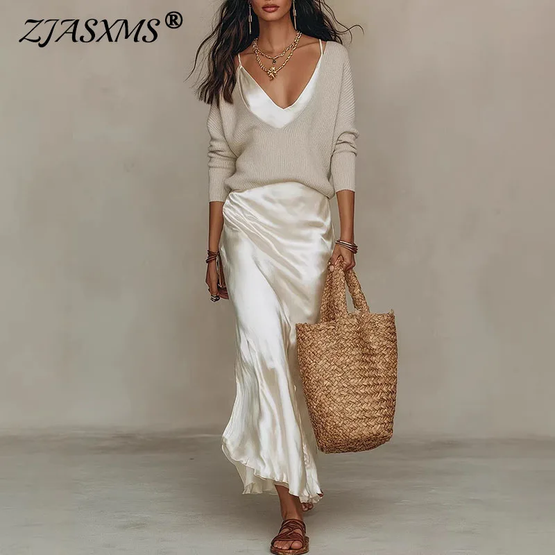Damen V-Ausschnitt Langarm Strickpullover und Satin-Maxikleid Set 2026 Frühling Einfarbiges 2-Teiliges Outfit Elegantes Urlaubs-Set Mujer