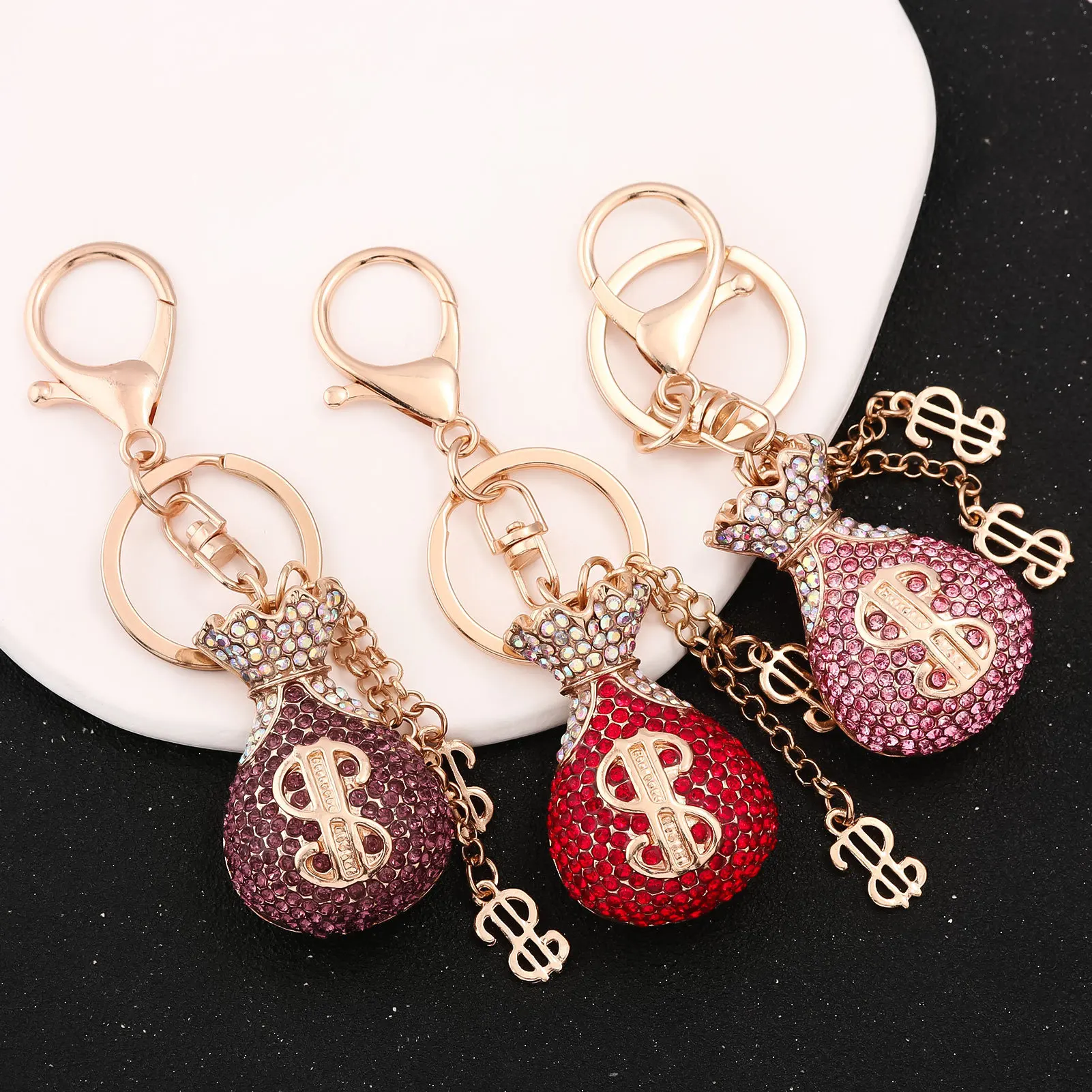 Fashion Crystal Money Bag Keychain Exquisite Metal Inlaid Diamond Dollar Bag Pendant Car Keyring Decoration Gift Accessories