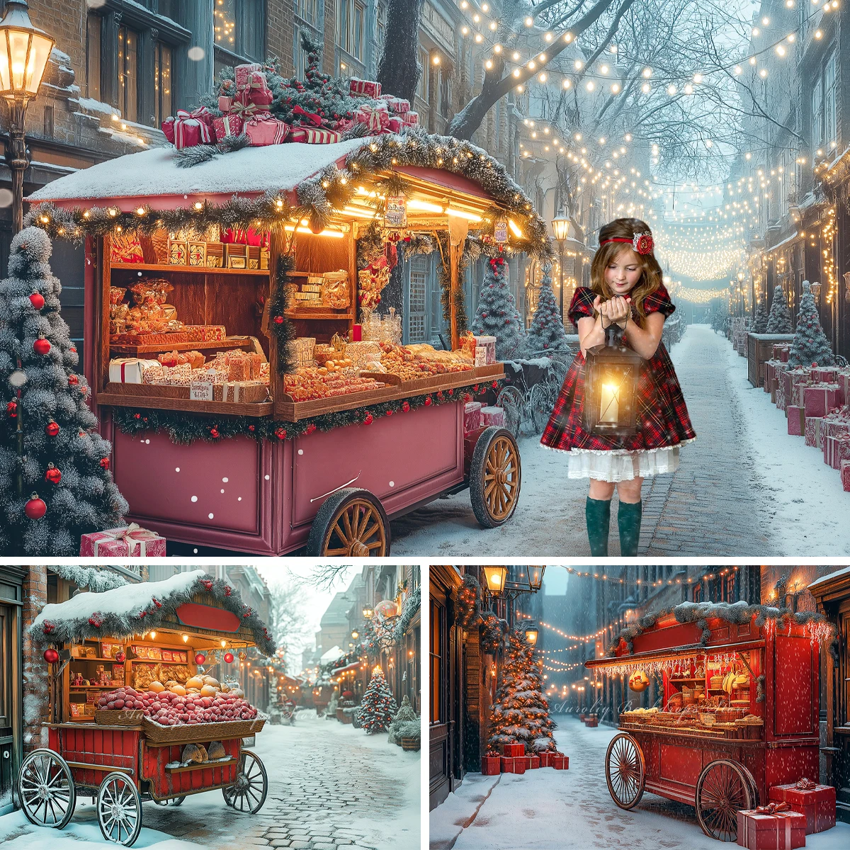 Fond de chariot de nourriture de Noël, adulte, famille, accessoire de photographie, enfant, bébé, décor de rue, paysage de neige, magasin de ville, toile de fond de studio photo