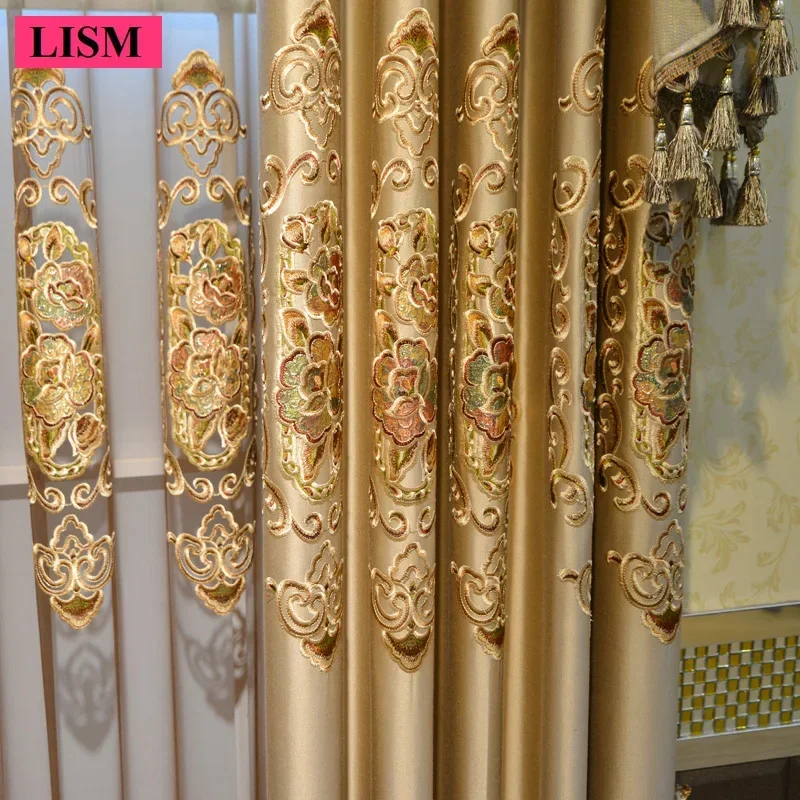 European Luxury Gold Hollow Embroidered Curtains for Living Room Bedroom and Kitchen Window Decoration Lace Tulle Custom Valance