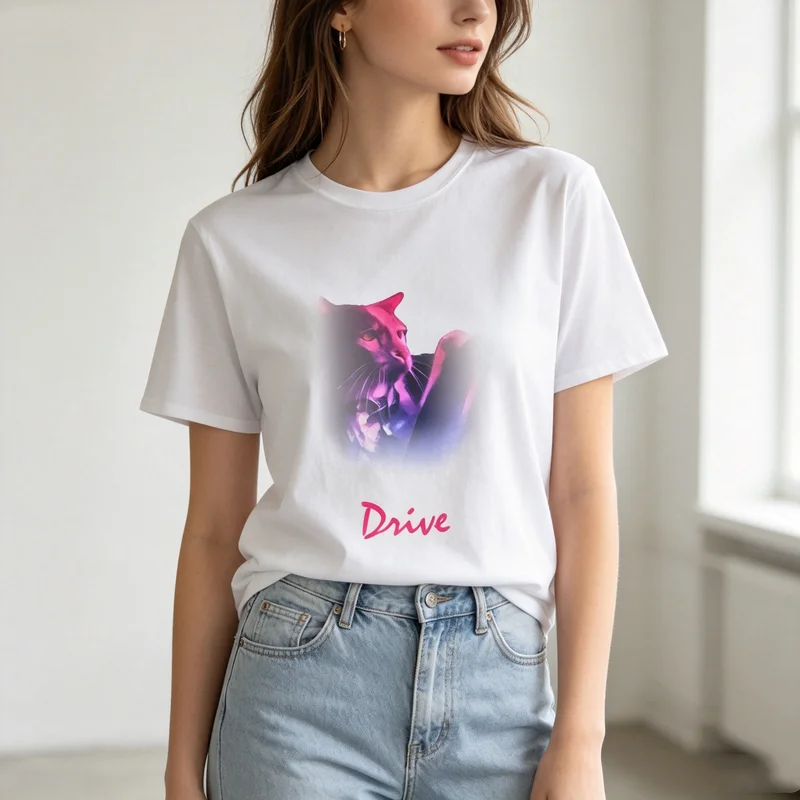 Drive Cat Graphic T Shirt Neon Retro Cat Print Mens Womens100%  Cotton Crew Neck Casual Top  Oversized T Shirt Harajuku