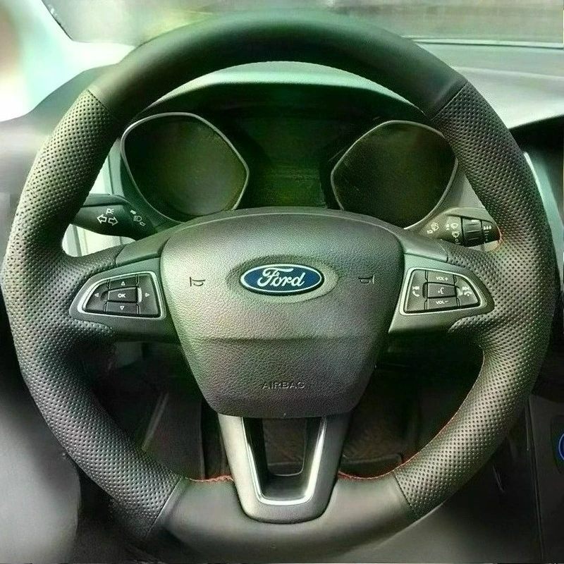 

For Ford Focus 3 2015-2018 Kuga 2016-2019 Escape C-MAX Ecosport 2018-2019 Hand-stitched black Leather car steering wheel cover