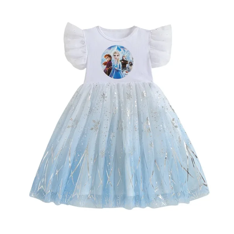 New Summer Kids Vestidos Cotton Wedding Clothes Pajama Tops Baby Girls Dresses Cartoon Frozen Elsa Print Princess Party Dress